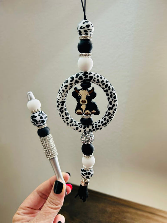 Black Cow Car Charm & Pen Set