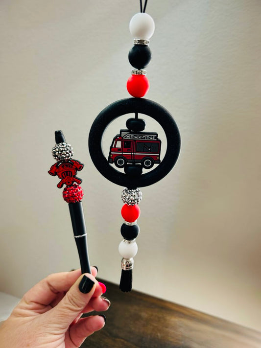 Fire Truck Car Charm & Pen Set